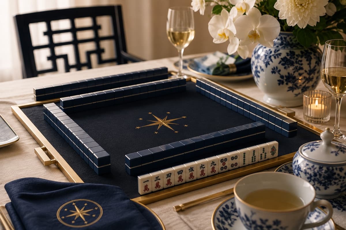 A beautifully set private Mahjong table styled in navy and gold